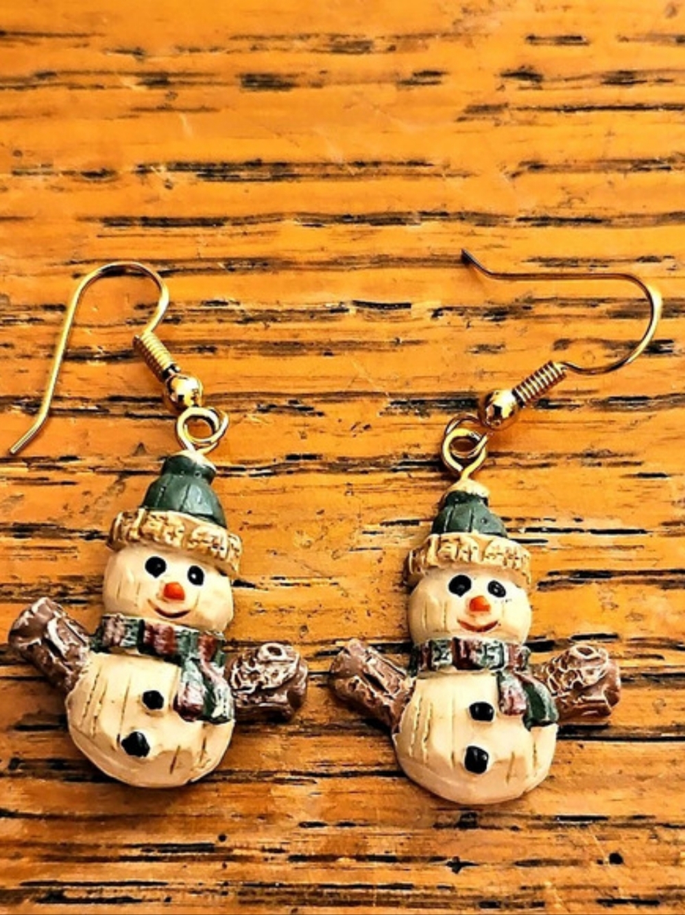 Snowman Dangle Earrings Gold & Green
